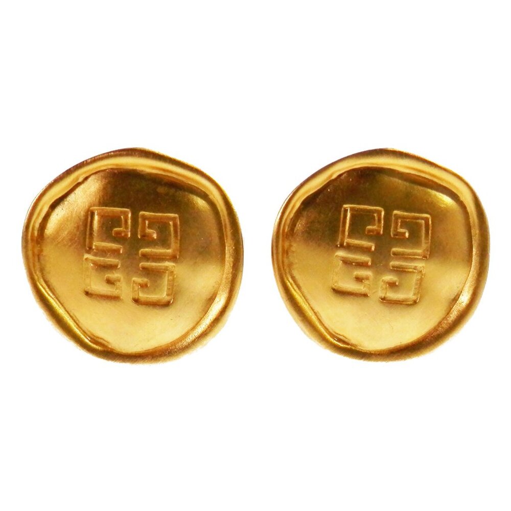 Vtg Givenchy Clip On Earrings Logo 4G Medallion Brushed Matte Gold Signed